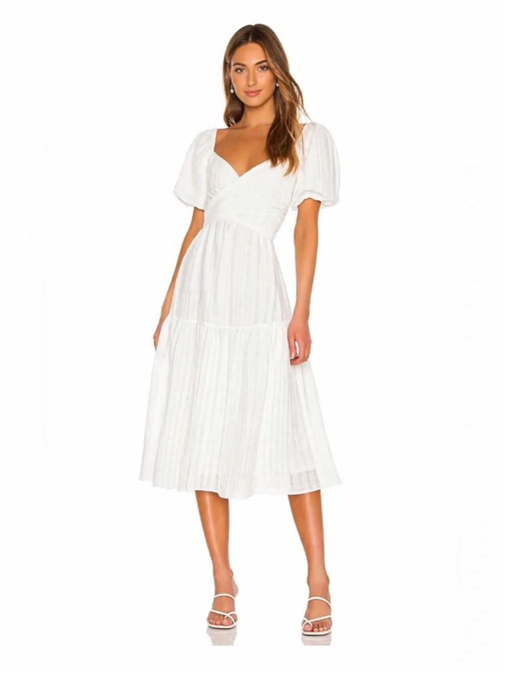 ASTR The Label White Puff Sleeve Midi Romantic Tiered Summer Dress, Square Neck - Picture 1 of 16